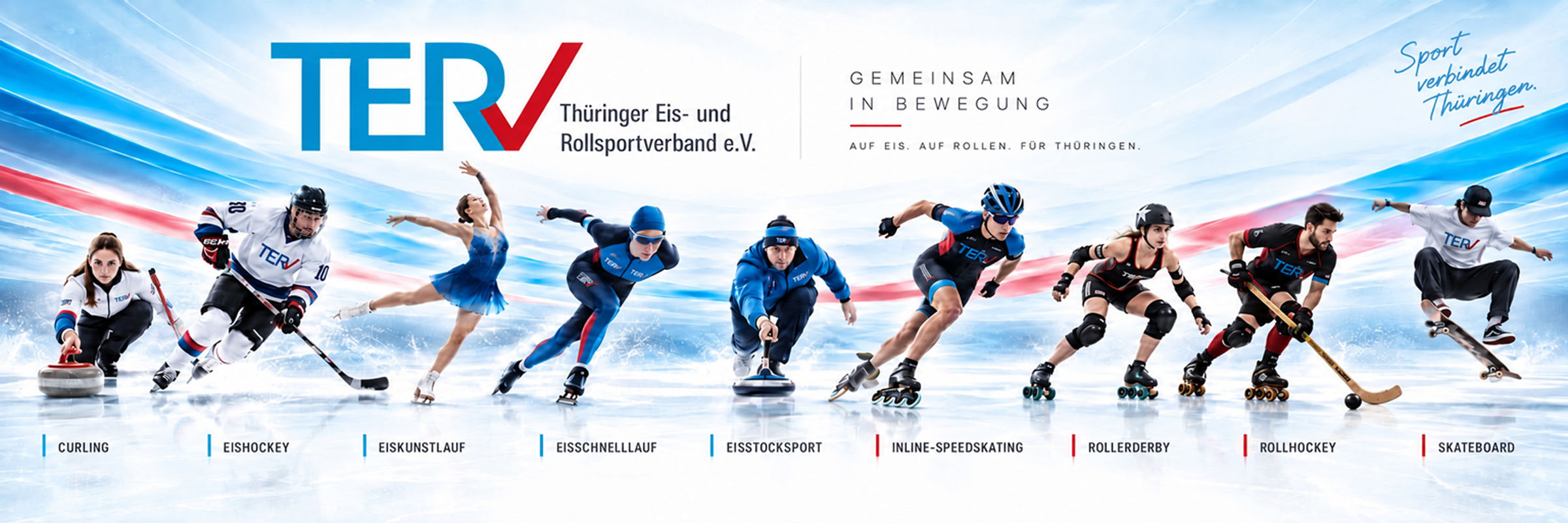 KI-generiertes Bild: TERV – Thüringer Eis- und Rollsportverband e.V. Gemeinsam in Bewegung. Auf Eis. Auf Rollen. Für Thüringen. Sportarten: Curling, Eishockey, Eiskunstlauf, Eisschnelllauf, Eisstocksport, Inline-Speedskating, Rollerderby, Rollhockey, Skateboard.